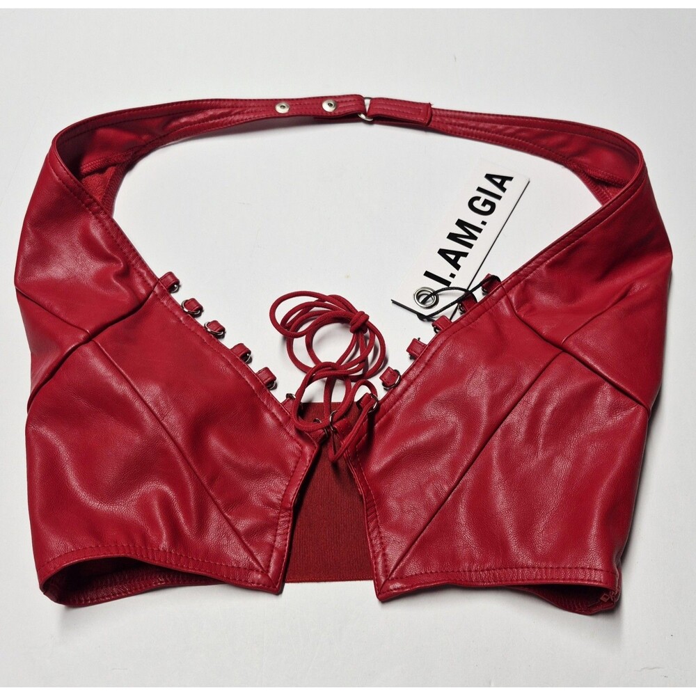I.AM.GIA Vixra Top Red Faux Leather Halter Lace Up Crop Rave Festival NWT S